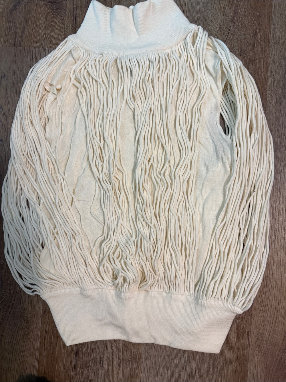 White House Black Market Women's Cream Turtleneck Fringe Knit Sweater